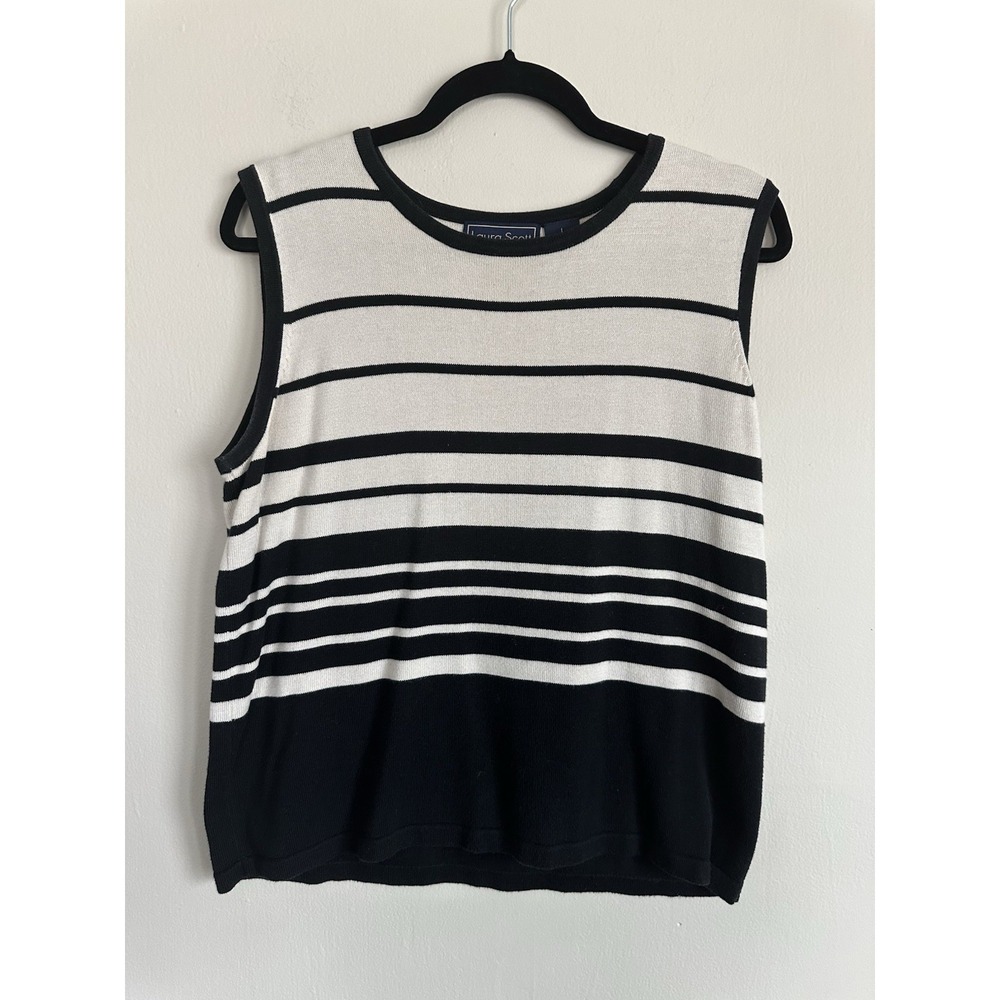 VTG 90s Laura Scott Black White Striped Sweater Vest LARGE Capsule Wardrobe
